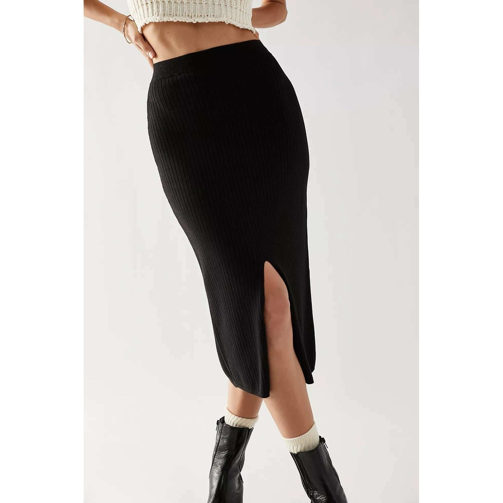 Free People Womens Ribbed Knit Front Slit Midi Skirt Black Size Small Minimalist
